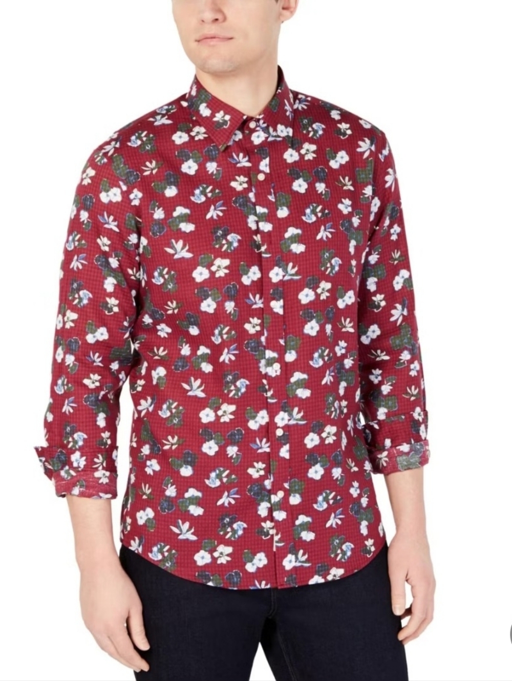 Michael Kors Mens Slim Fit Floral Print Button Front Shirt Raspberry Linen Small
